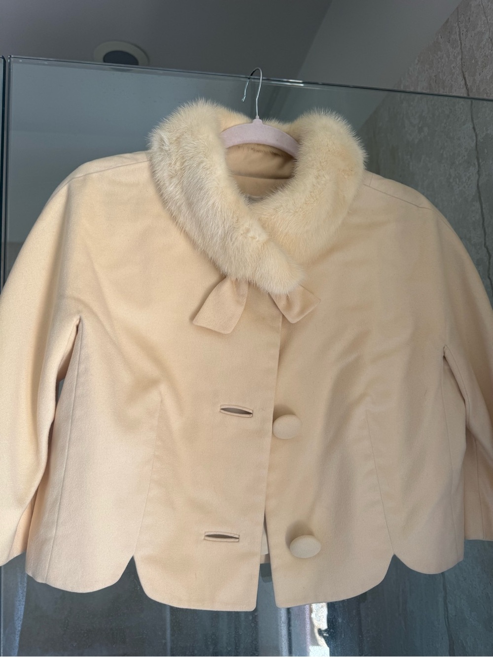 Cream Cropped Pea Coat with Faux Fur Collar